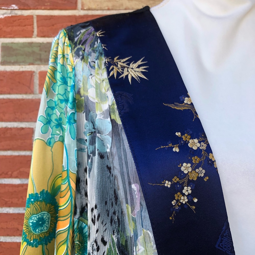 👘 NWT Vintage Spencer Alexis Asian Inspired Silk Lace Black Blue Kimono Jacket - Picture 2 of 16